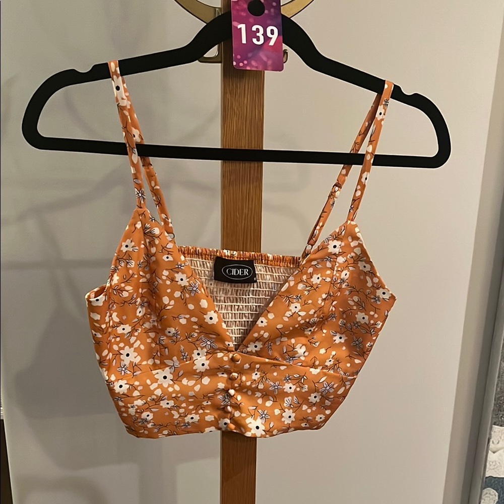 #139 Cider Orange Floral Ruched Crop Tank Top Size XS PTP 16